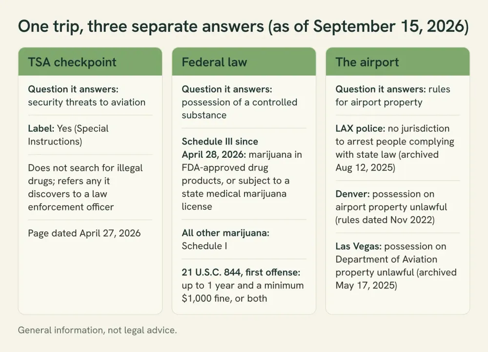 Three-panel diagram: TSA screens for security threats, federal law keeps marijuana outside two narrow categories in Schedule I, and LAX, Denver and Las Vegas airport rules differ.