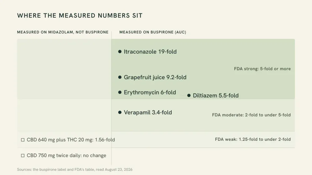 Ladder graphic showing FDA's weak, moderate and strong inhibition bands with the buspirone label's measured AUC multipliers plotted on it and the two cannabidiol midazolam results marked separately.