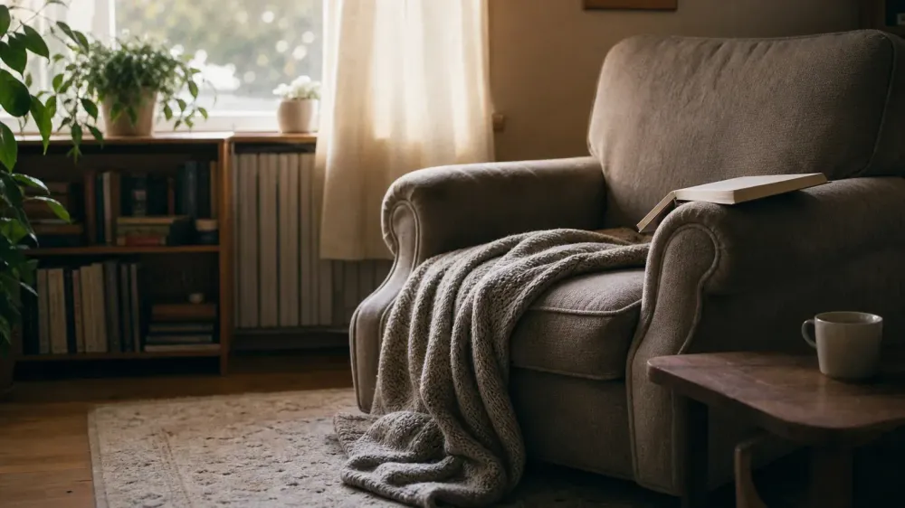 An armchair by a window in mid-afternoon light with a paperback book lying face down on the arm and a blanket half slipped onto the floor.