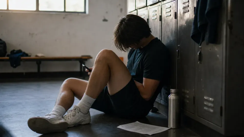 An athlete sitting on a locker room floor after training, scrolling a phone next to a printed page of laboratory results.
