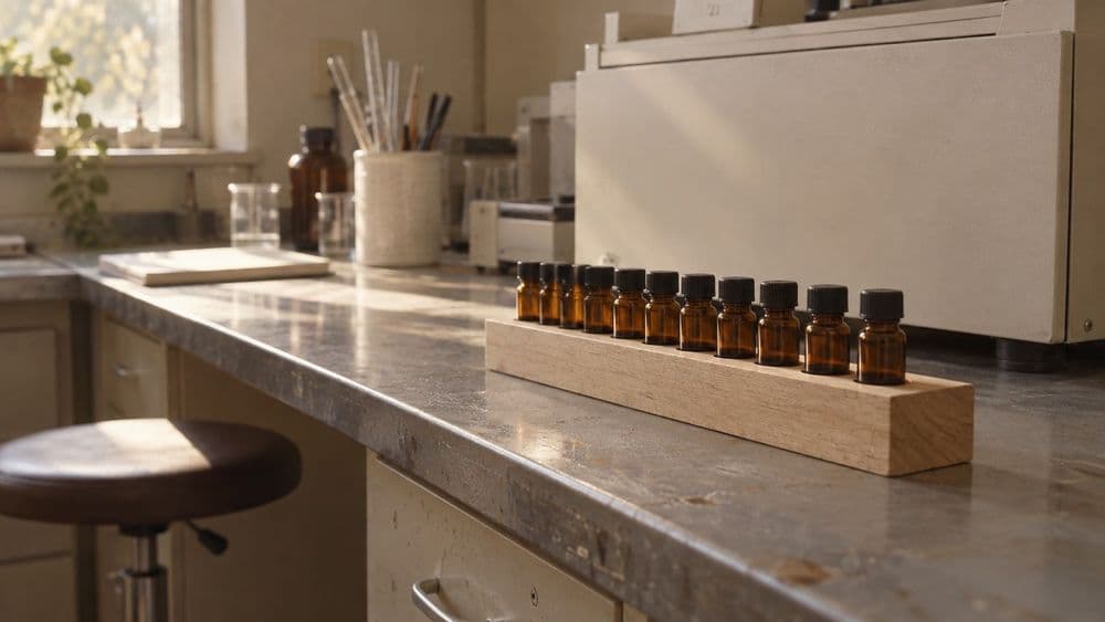 An analytical laboratory bench with a rack of small amber vials in front of a benchtop instrument, plain daylight, no people in the frame.