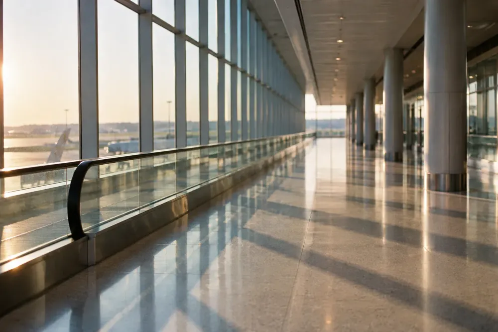 An empty airport concourse in early morning light, a moving walkway handrail beside tall windows and long reflections across a polished floor.