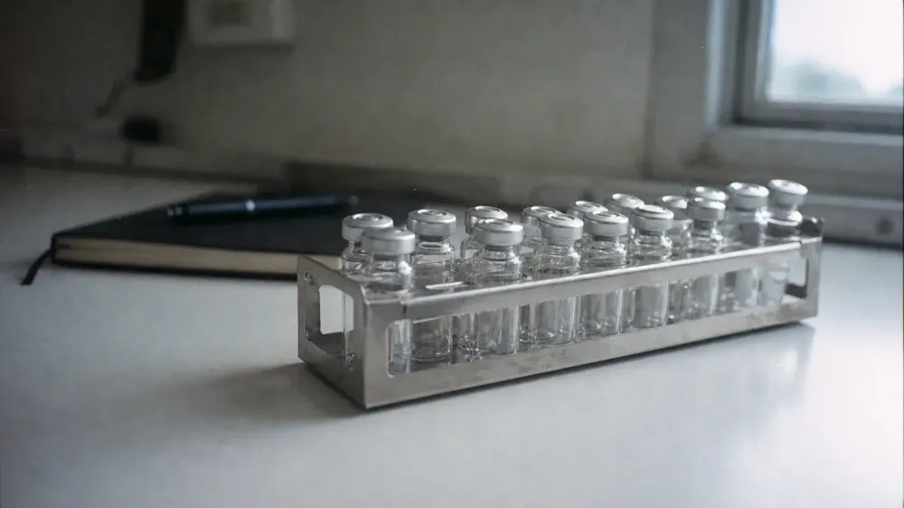 A rack of small clear laboratory sample vials with crimp caps on a plain bench beside a closed notebook, lit by daylight from a window, with nobody in the room.