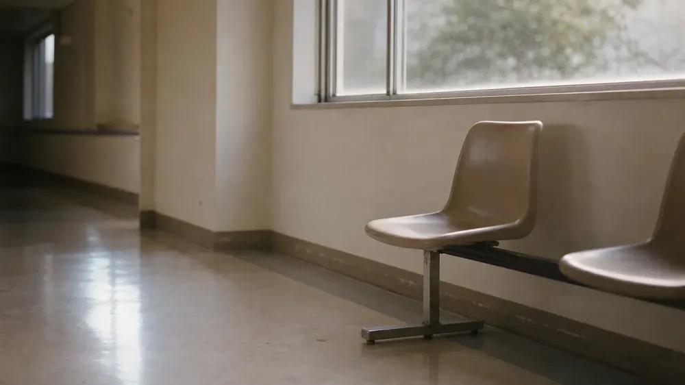 An empty molded plastic waiting chair beside a tall corridor window in early morning light, with a polished floor reflecting the window and no people in the frame.