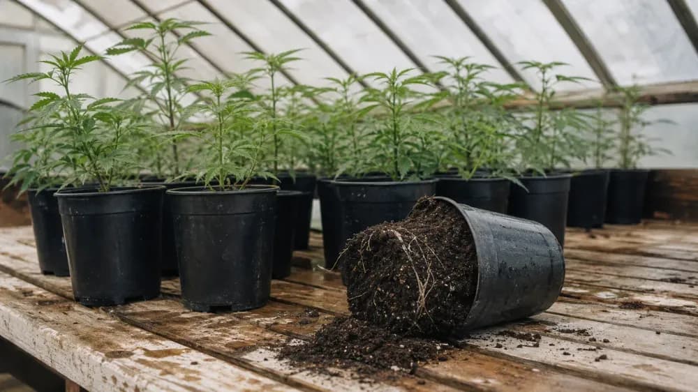 Young hemp plants in plain black nursery pots on a greenhouse bench, one pot tipped on its side so the root ball and dark potting soil are visible.