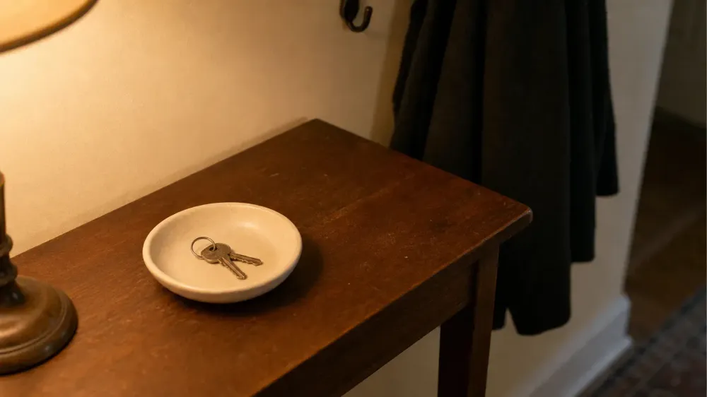 A single set of car keys dropped into a shallow ceramic dish on a hallway table, lit by a warm lamp, with a coat hanging out of focus behind.