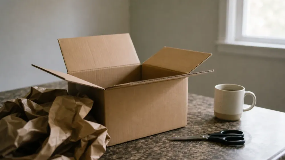 An opened plain kraft shipping box on a kitchen counter with crumpled packing paper, scissors and a half-full mug beside it.