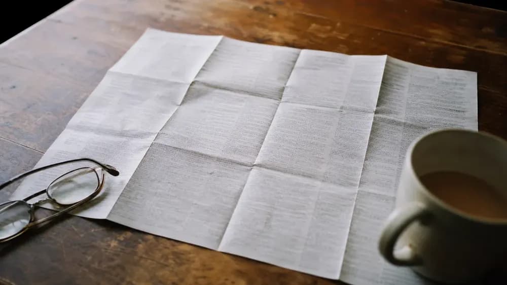 A pair of reading glasses resting on an unfolded paper medicine information leaflet on a kitchen table, the print too small to read at this distance.