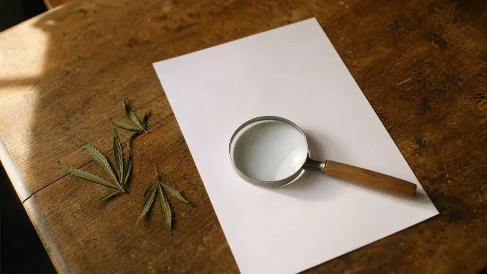 A magnifying glass resting on a plain unmarked sheet of paper on a worn wooden desk, with a few dried hemp leaves beside it in late-afternoon light.