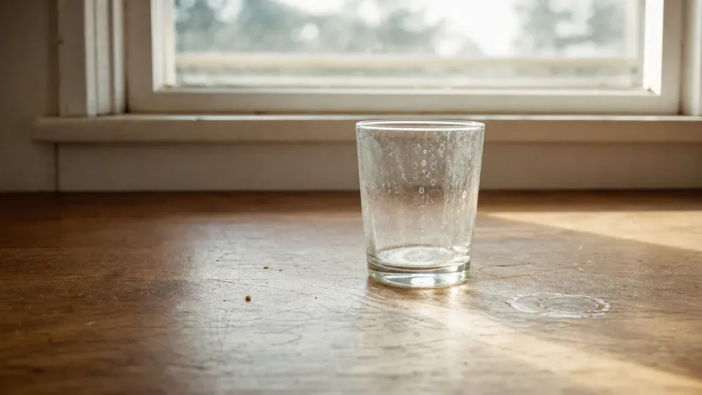 Early morning daylight falling across a plain kitchen counter with a single empty water glass, seen candidly.