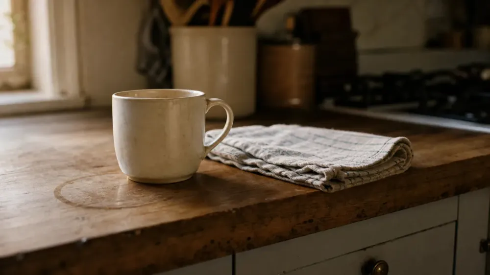 A single ceramic mug on a worn wooden kitchen counter in morning light, with a folded dish towel beside it.