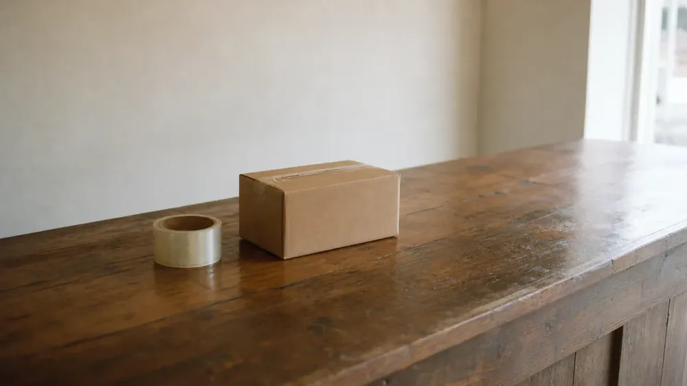 A plain unmarked kraft parcel and a roll of packing tape on a worn wooden retail counter in flat daylight, no labels or writing on the box.