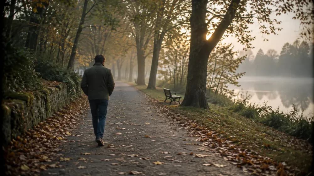 An adult in a dark jacket walking alone along a leaf-covered path under trees beside a misty lake in early morning light, seen from behind.