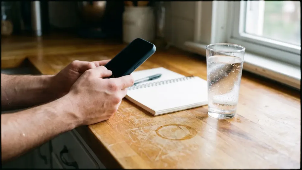 Hands holding a phone at a kitchen counter, the screen angled away from the camera, beside a glass of clear sparkling water and a spiral notebook with a pen resting on it.
