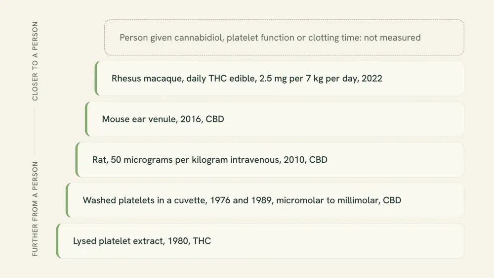 A six-rung ladder of preparations: lysed platelet extract 1980, washed platelets in a cuvette 1976 and 1989, rat 2010, mouse ear venule 2016, rhesus macaque 2022, and a top rung, a person given cannabidiol, marked not measured.