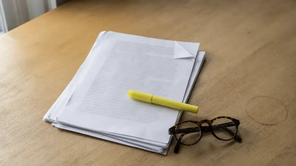A loose stack of printed prescribing information pages on a wooden table with reading glasses and a yellow highlighter, the type blurred beyond reading.
