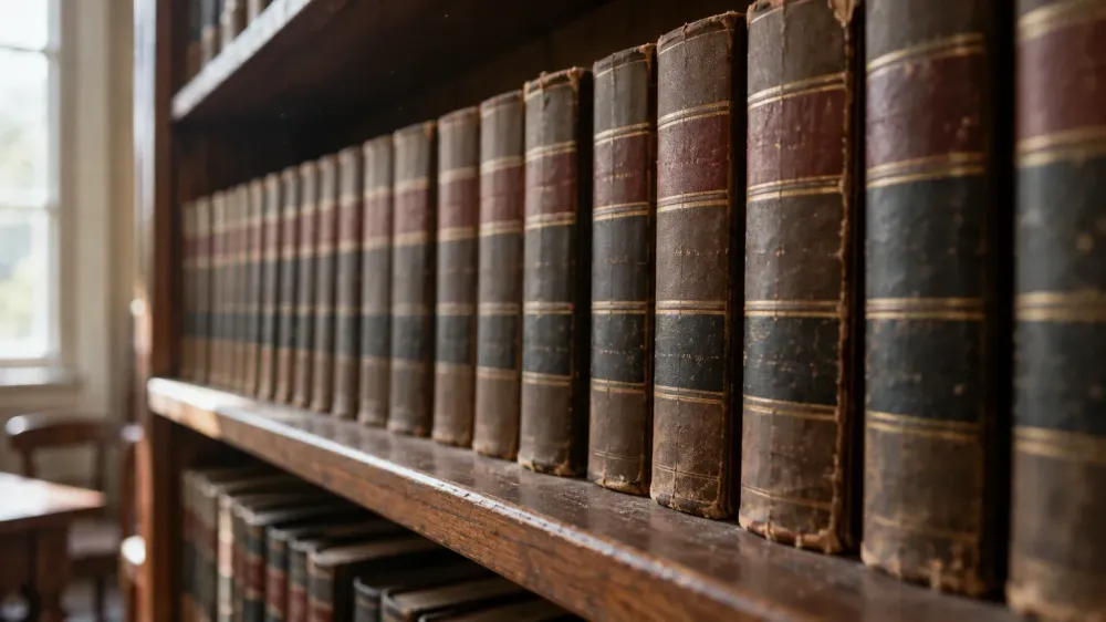 A row of worn, leather-bound law volumes with plain banded spines on a wooden library shelf in soft window light, receding out of focus along the shelf.