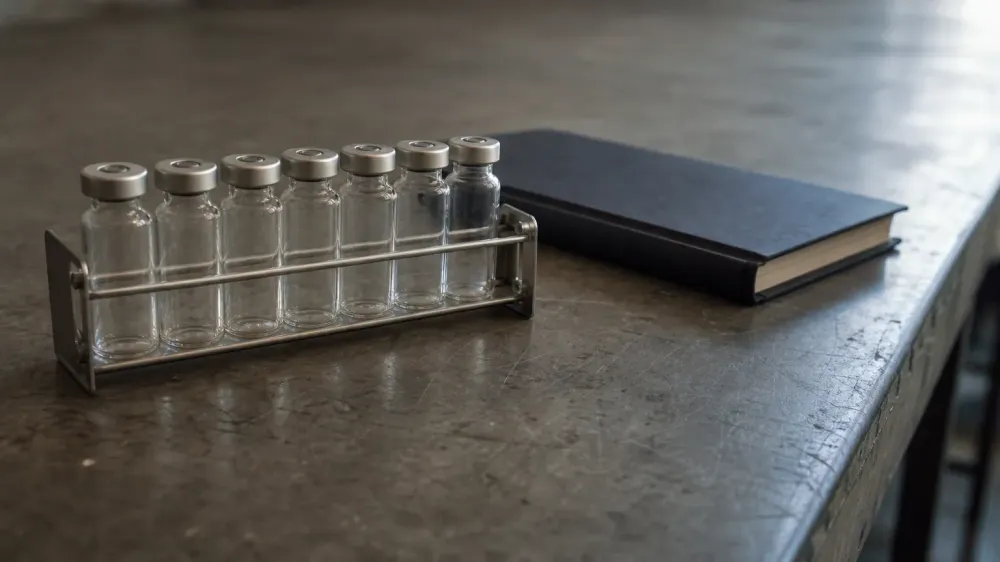 Clear glass sample vials in a stainless steel rack on a laboratory bench beside a closed notebook, the setup behind a cannabinoid potency panel.