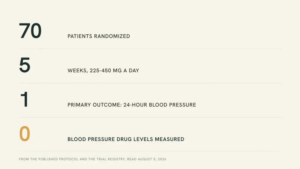 Diagram of what the closest randomized trial in hypertensive patients measured: 70 patients randomized, five weeks of dosing, one primary blood pressure outcome, and zero measurements of any blood pressure drug's level.