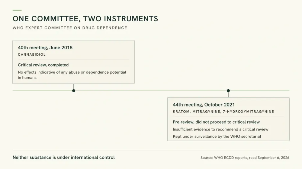 Timeline graphic of one WHO expert committee using two instruments: a completed 2018 critical review of cannabidiol and a 2021 kratom pre-review that did not proceed and recommended surveillance.