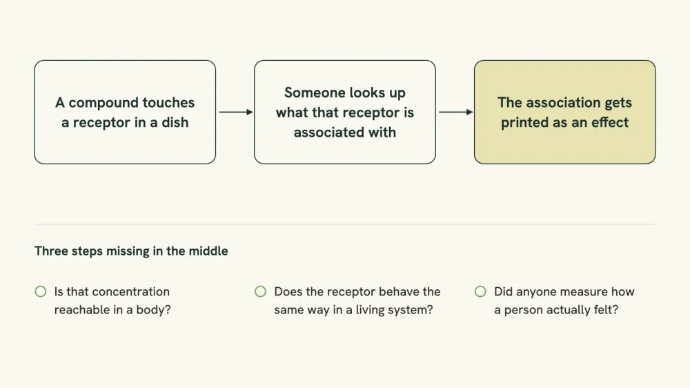 Diagram of the three-step chain that turns a receptor result in a dish into a printed effect claim, with three unanswered questions marked in the gaps between the steps.