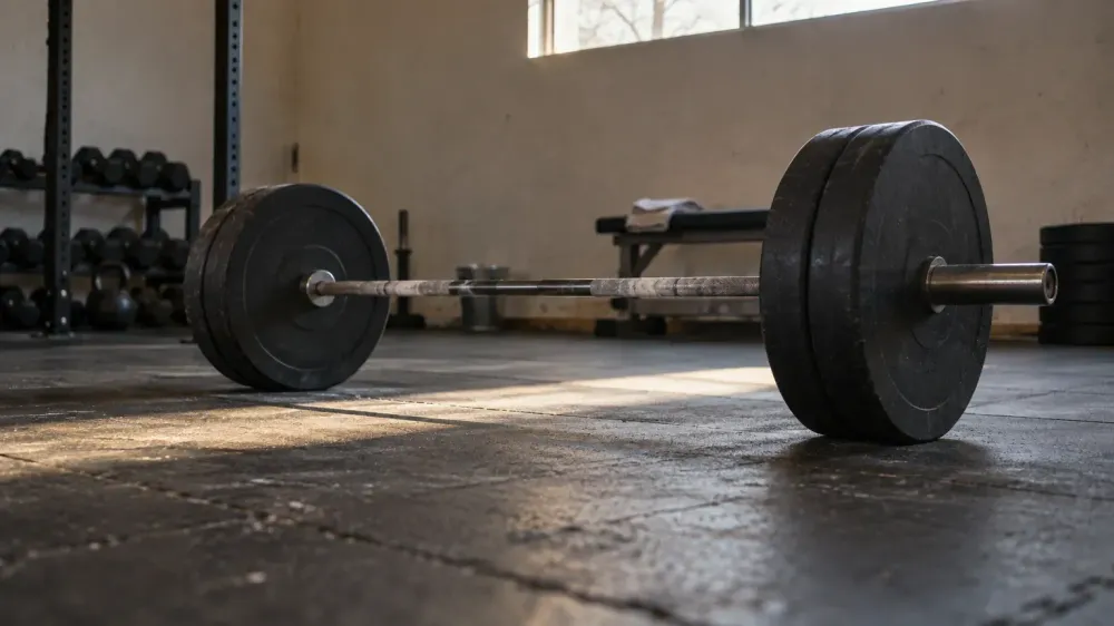 A loaded barbell resting on a scuffed rubber gym floor in early morning light, with chalk dust on the bar and no one in frame.