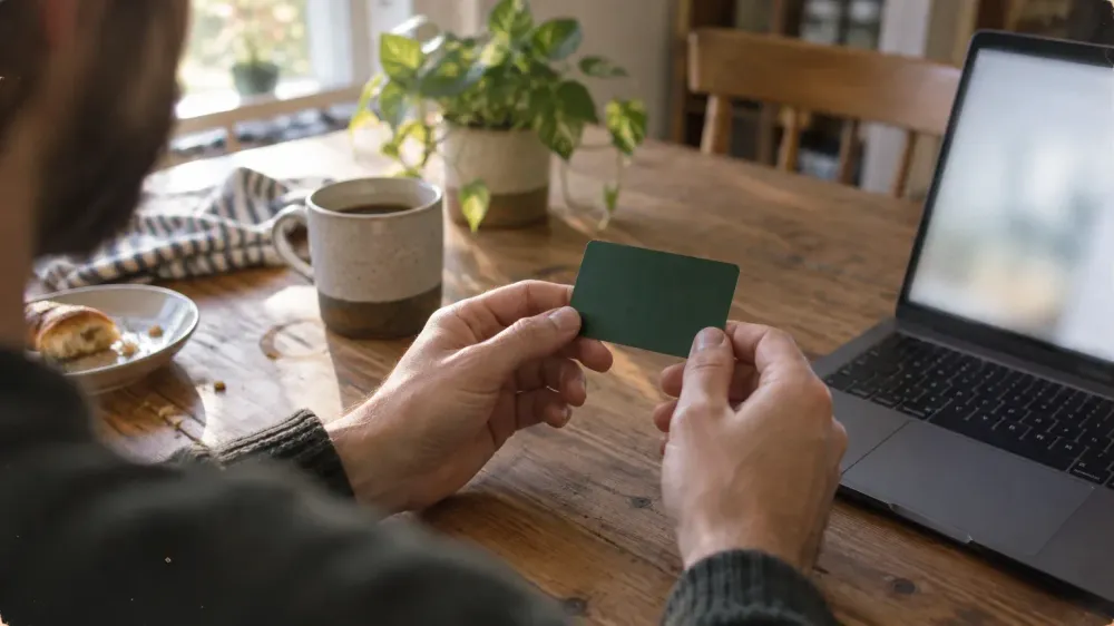 A person's hands at a kitchen table holding a plain, unbranded payment card beside an open laptop whose screen is out of focus.
