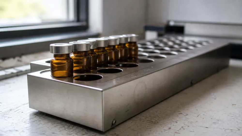 Amber chromatography vials in a metal sample rack on a laboratory bench, the kind used to run a cannabinoid potency panel.