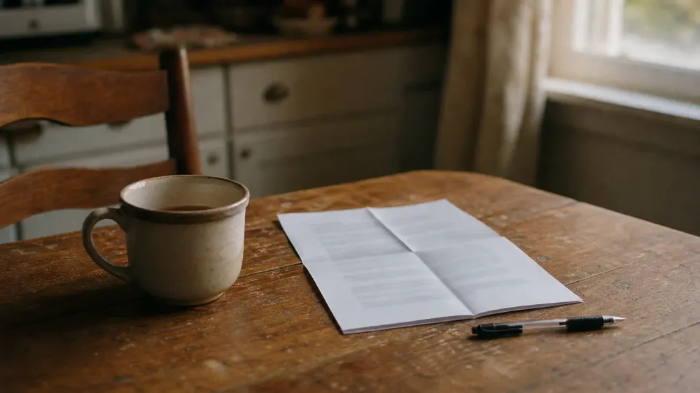 A folded printed page and a ballpoint pen resting on a kitchen table beside a mug, photographed so shallow that none of the type on the page resolves into readable words.