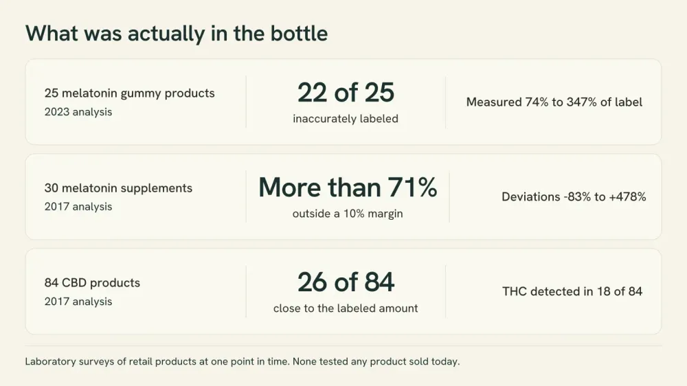 Graphic summarizing measured label accuracy in three published analyses of melatonin and CBD products.