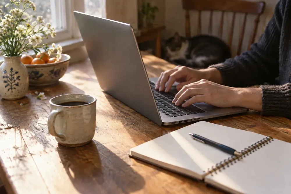 An adult's hands typing on a laptop with its screen turned away, beside an open spiral notebook, a pen and a mug of coffee on a wooden table in morning light.