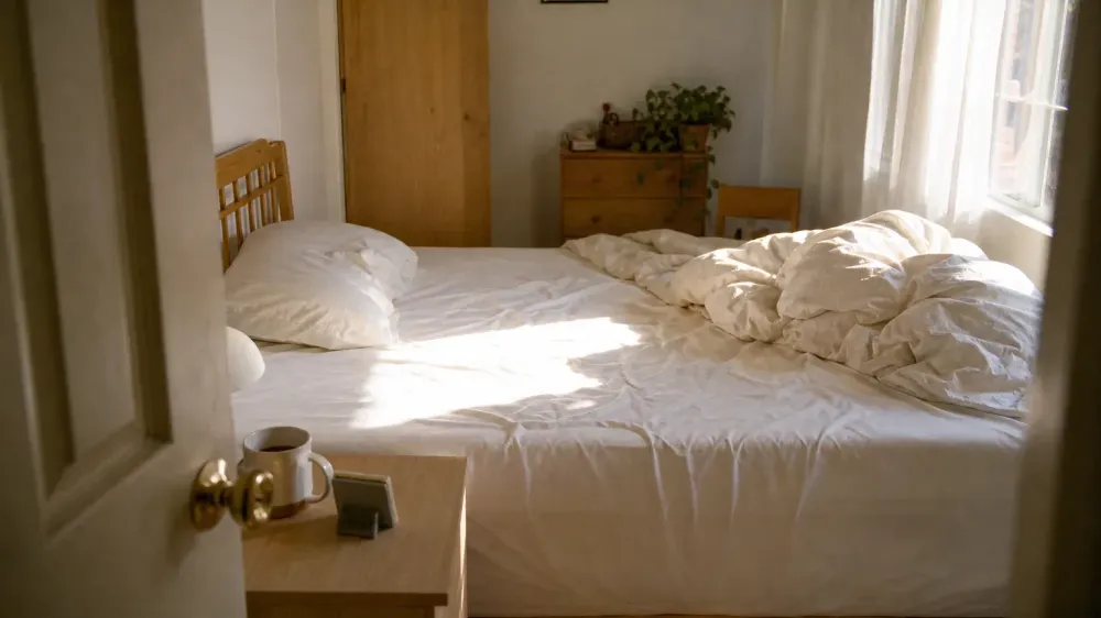 An unmade bed in late morning light with a half-finished mug of coffee on the nightstand and an alarm clock turned face away.