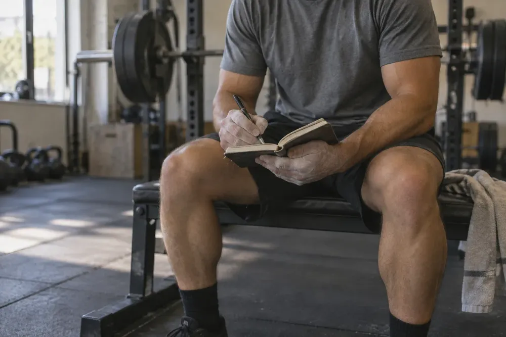 An adult lifter sitting on a gym bench between sets, writing in a small paper training notebook, face out of frame, with a barbell rack softly blurred behind.
