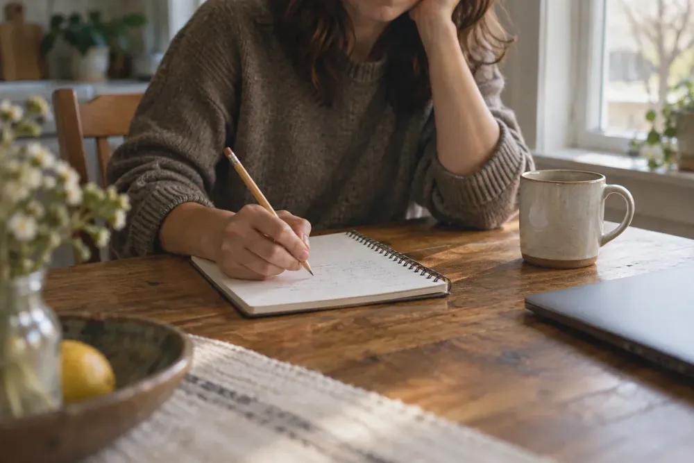 An adult at a kitchen table works through a short calculation in an open notepad with a pencil, in soft window light, a plain mug beside the page.