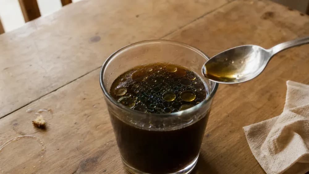 A spoonful of golden oil poured onto black coffee in a clear glass, the oil sitting in separate beads on the surface instead of mixing in.