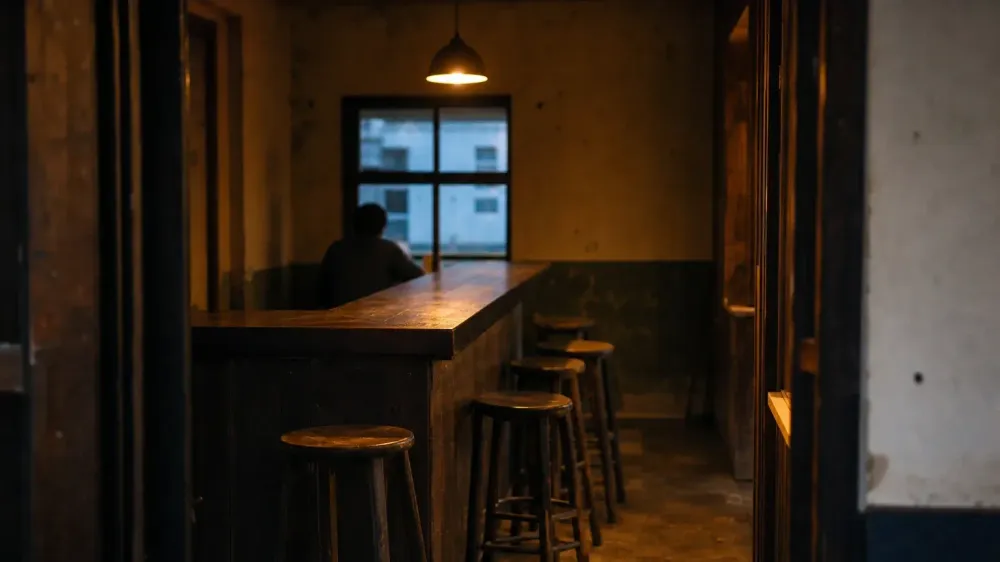 Candid interior of a small bar with wooden stools and low warm light, seen from a distance, with no bottles, labels or drinks legible in frame.