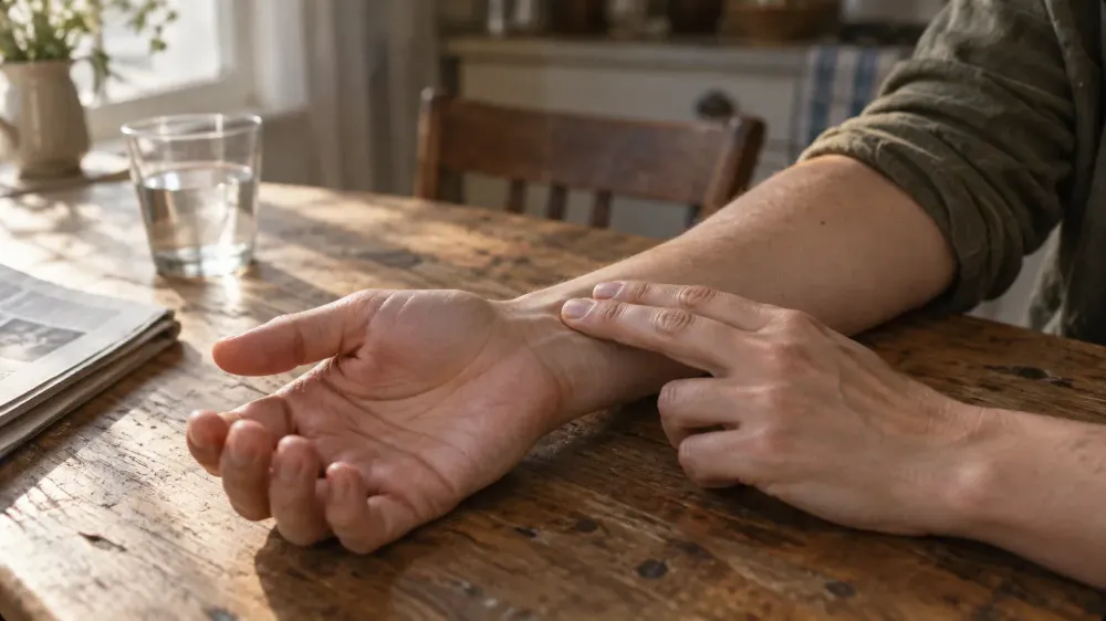 Close crop of a person's forearm and wrist resting on a wooden kitchen table, with two fingertips of the other hand placed on the radial pulse point, morning light from a window.