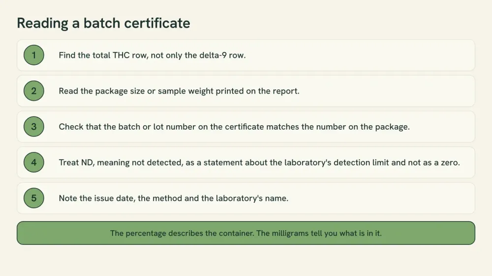 Checklist graphic listing five things to look for on a batch certificate: the total THC row, the printed package weight, a matching batch number, ND read as a detection limit, and the issue date with the method and laboratory name.