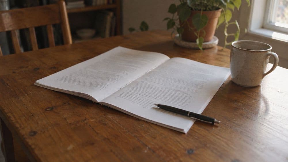 A stapled multi-page printed report lying open on a plain wooden table beside a pen in morning light, the type too shallow in focus to read.