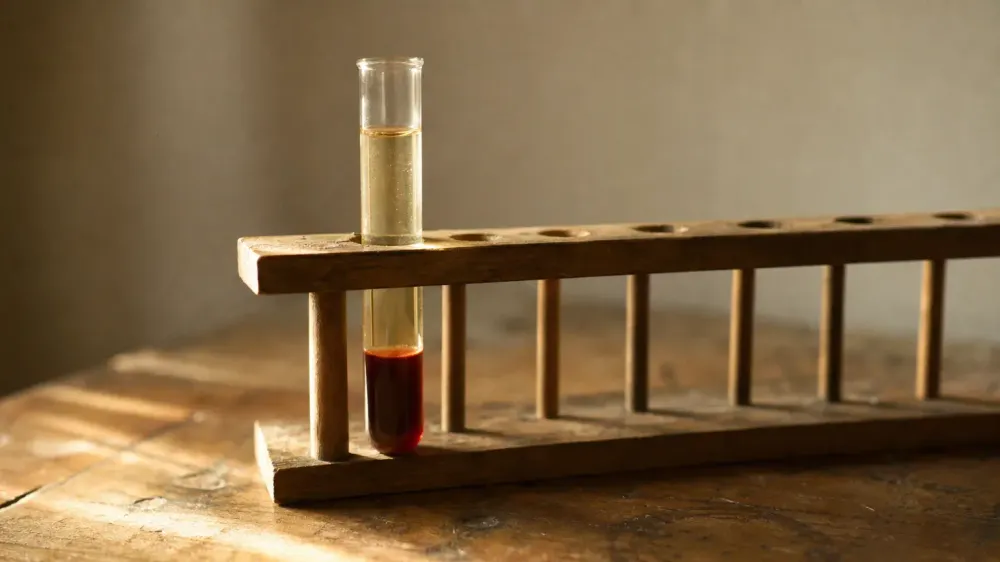 A single glass tube standing in a rack after being spun, pale straw-colored plasma resting above a dark red layer of packed cells.