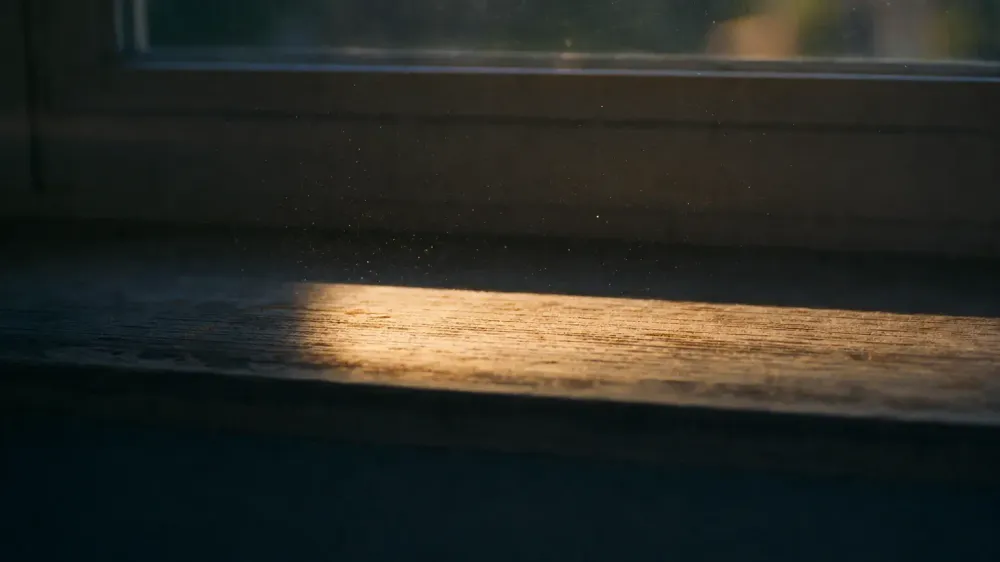 Hard afternoon sunlight falling in a bright band across a bare wooden windowsill, dust visible in the beam, with a cool dim kitchen falling away behind it.