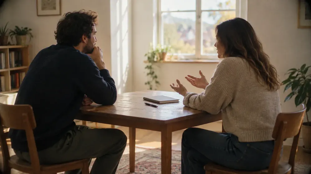 Two adults talking across a wooden table in a bright, plain room, one gesturing with open hands while the other rests his chin on his hand and listens, a closed notebook and pen between them.