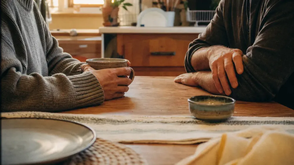 Two people talking across a kitchen table in afternoon light, one holding a mug, both cropped so their faces are outside the frame.