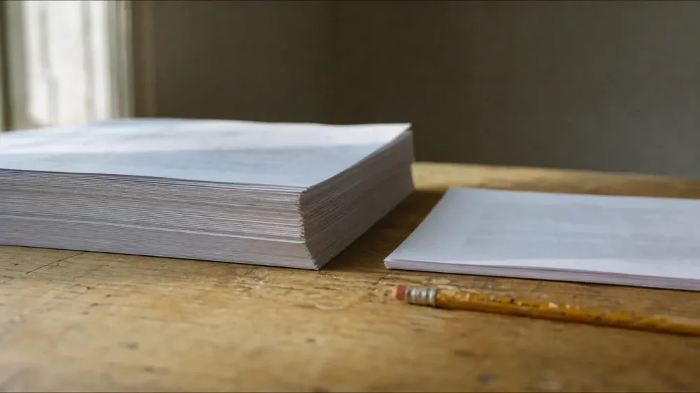 Two stacks of printed paper photographed edge on, one thick and one only a few sheets deep, on a plain desk in daylight.