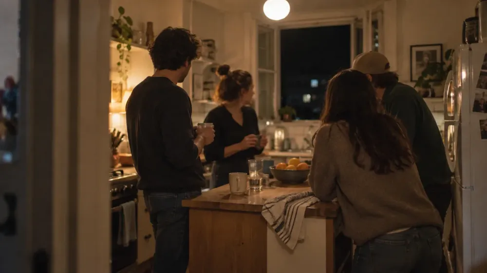 Four adults talking in an ordinary home kitchen at night under warm lamplight, seen from the edge of the room, faces turned away.