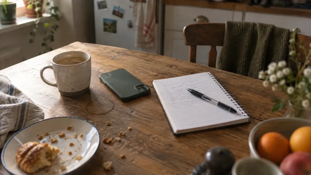 A kitchen table in morning light with an open spiral notepad covered in out-of-focus handwriting, a pen, and a phone lying face down beside a mug.