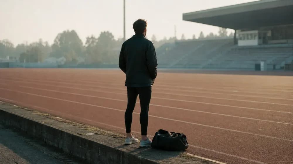 A lone athlete in a warm-up jacket standing at the edge of an empty outdoor track before an event, gear bag at their feet.