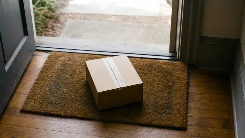 A small plain kraft parcel resting on a doormat just inside a front door in daylight, with no label, writing or markings anywhere on it.