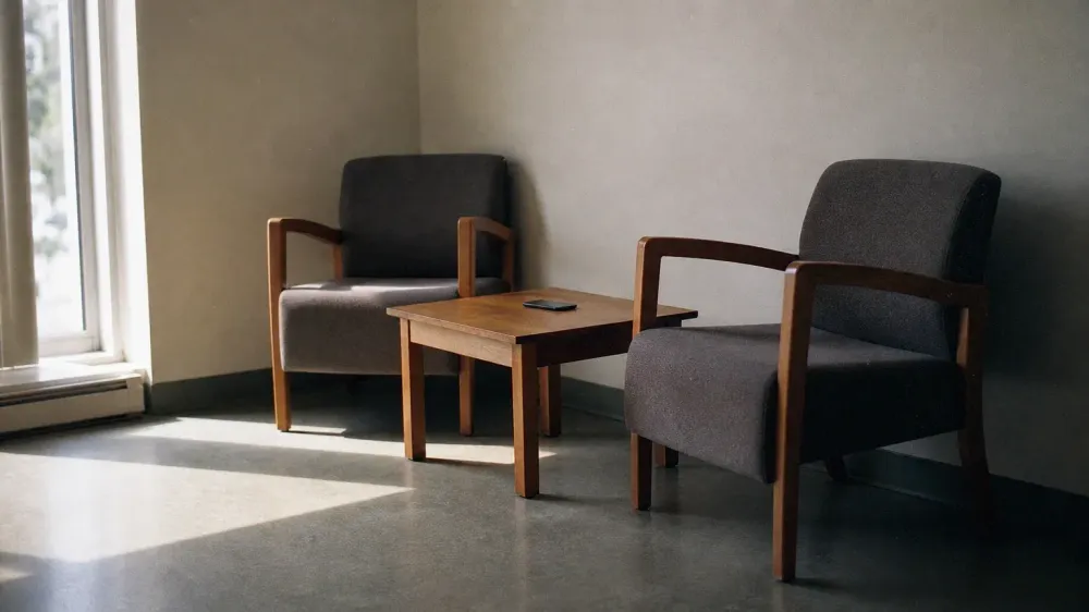 Two empty chairs and a low table by a window in daylight, with a phone lying face down on the table.