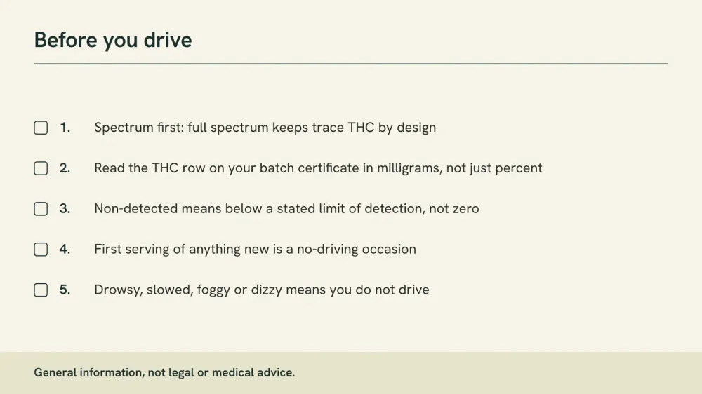 A five-line checklist card titled Before you drive, covering the spectrum question, the THC row on your batch certificate, the limit of detection behind a non-detected result, the first serving of anything new, and driving while drowsy.